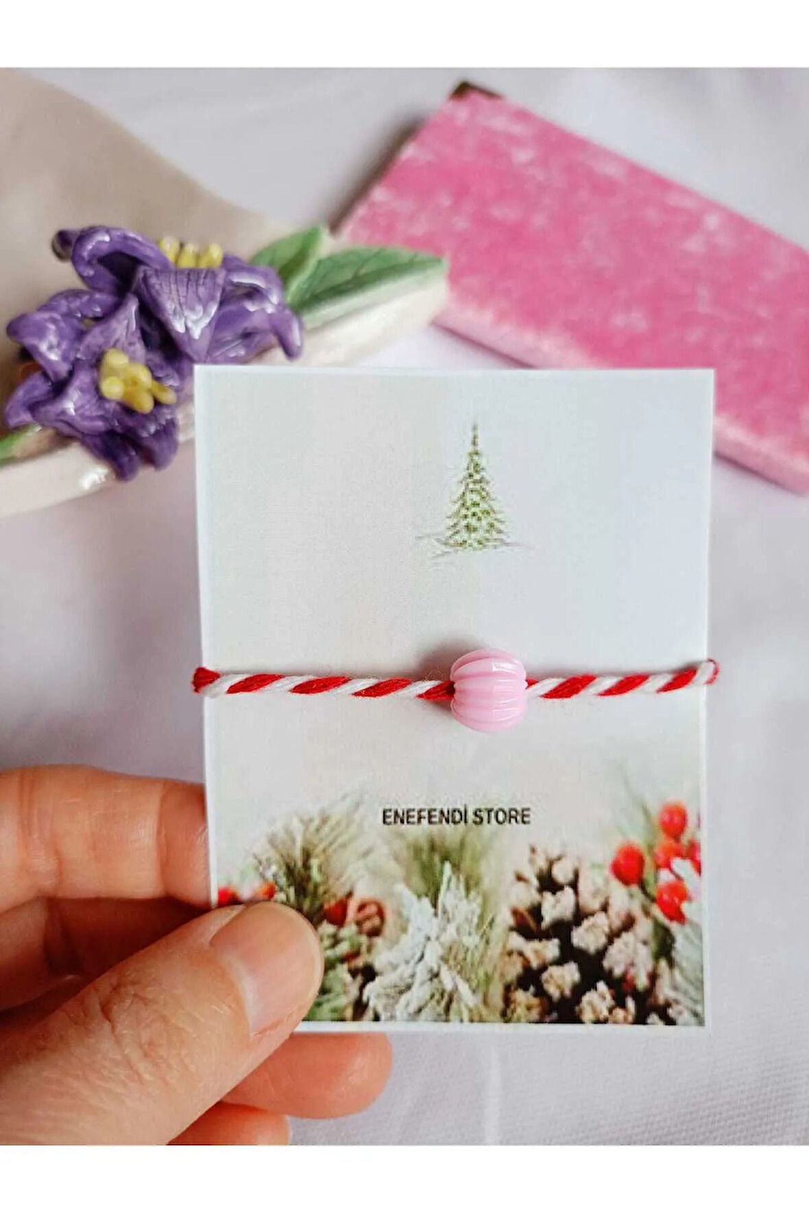 Pembe Boncuklu Marteniçka Bileklik Şans Arkadaş Sevgili Eş Çocuk Hediye Bahar Bilekliği Kartlı.