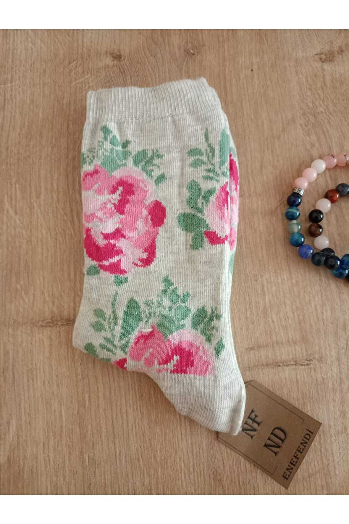 Pamuklu Yılbaşı Pembe Çiçekli Soket Çorabı Yumuşak Kadın Açık Gri Çorap 36-40