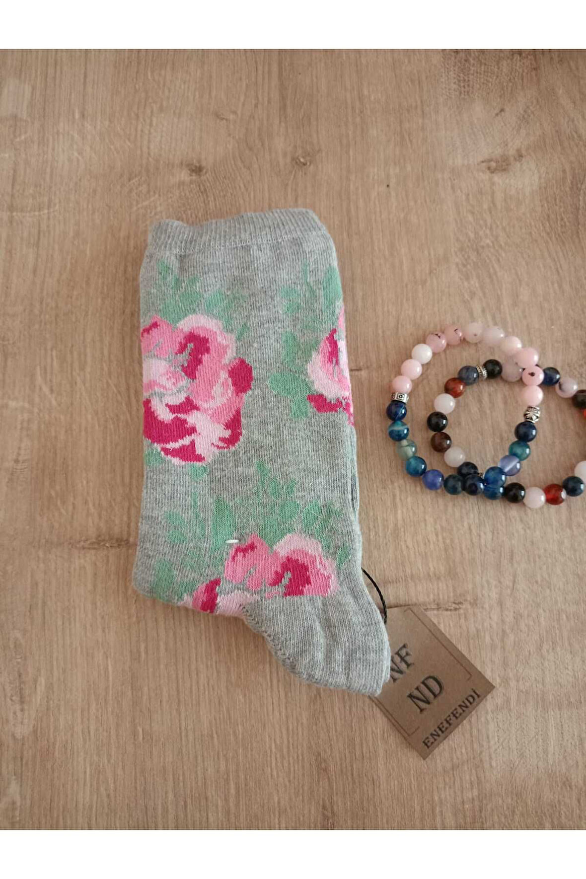 Pamuklu Yılbaşı Pembe Çiçekli Soket Çorabı Yumuşak Gri Kadın Çorap 36-40