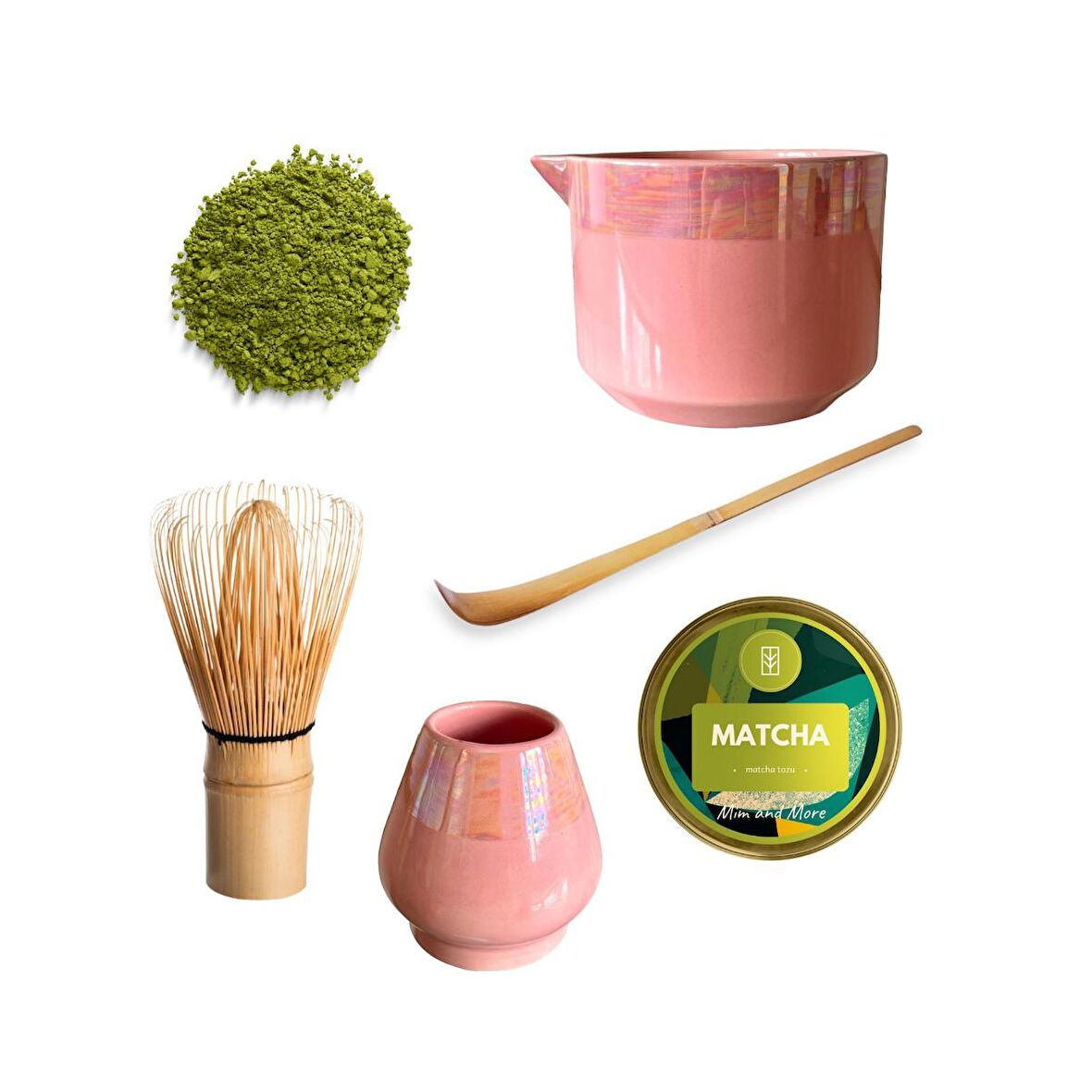 Saf Matcha Yapma Seti Pembe Seramik Matcha Kasesi Çırpırıcı Tutacağı Bamboo Whisk Matcha Kaşık