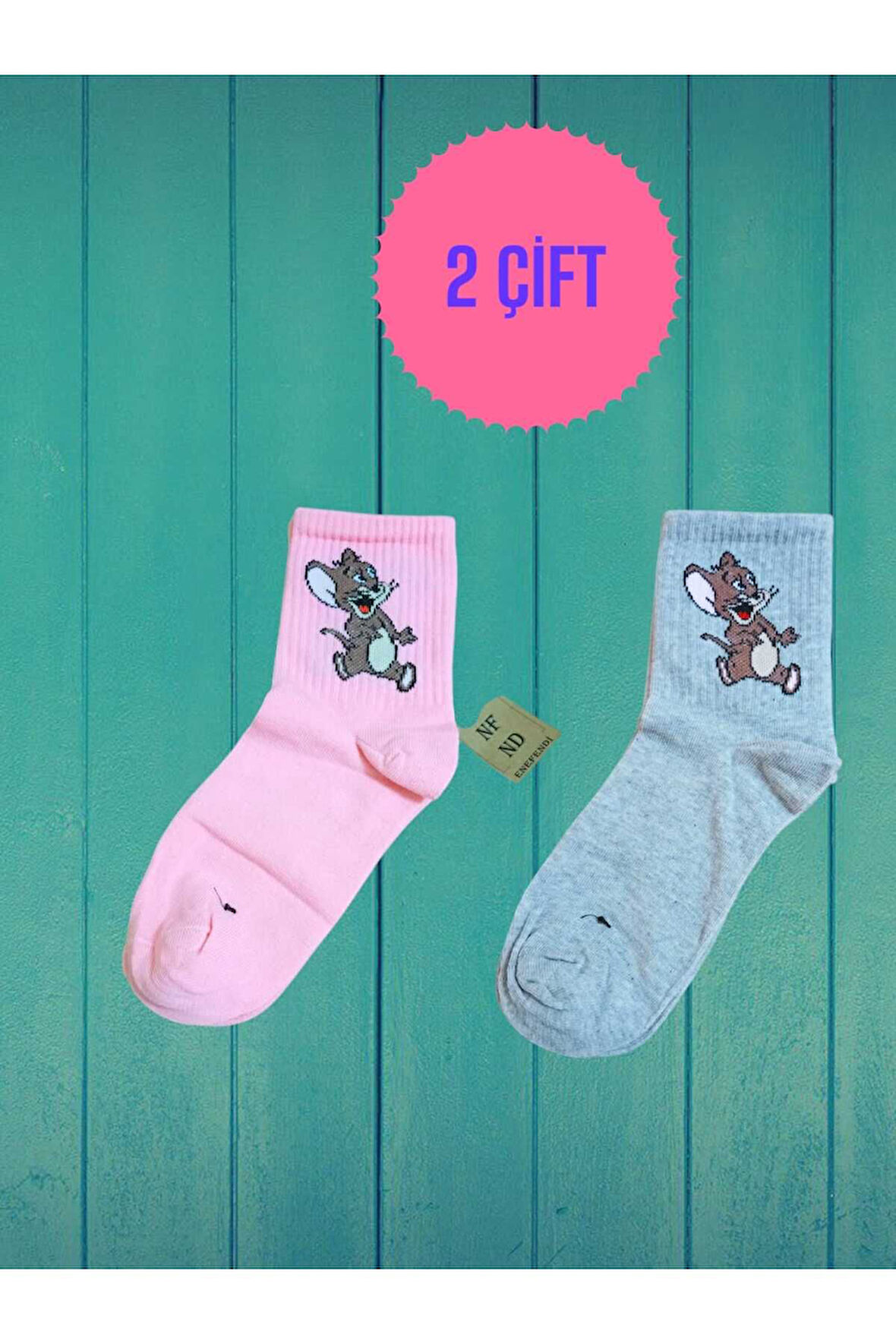 2 ÇİFT JERRY DESENLİ PAMUKLU DİKİŞSİZ ÇORAP ARAKONÇ KADIN PEMBE GRİ BURUN DİKİŞSİZ ÇORAP 36-40