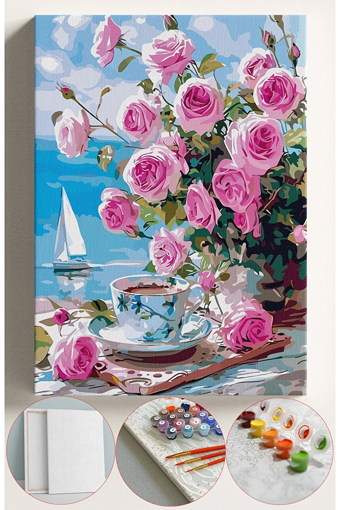 Sayılarla Boyama Seti Numaralı Tuval Fırça Boya 40x50 Cm - PEMBE GÜLLÜ MANZARA