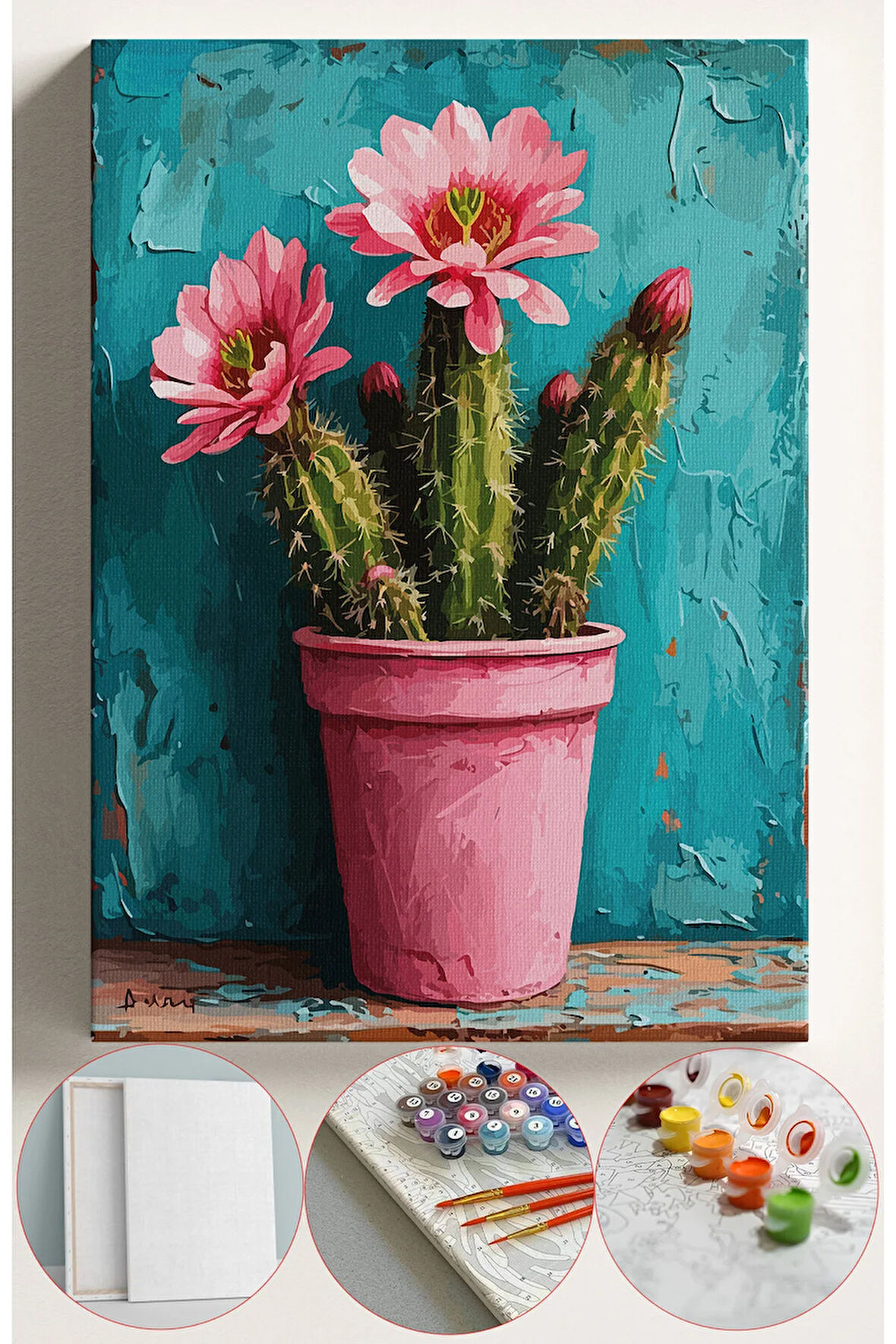 Sayılarla Boyama Seti Numaralı Tuval Fırça Boya 40x50 Cm - PEMBE KAKTÜS