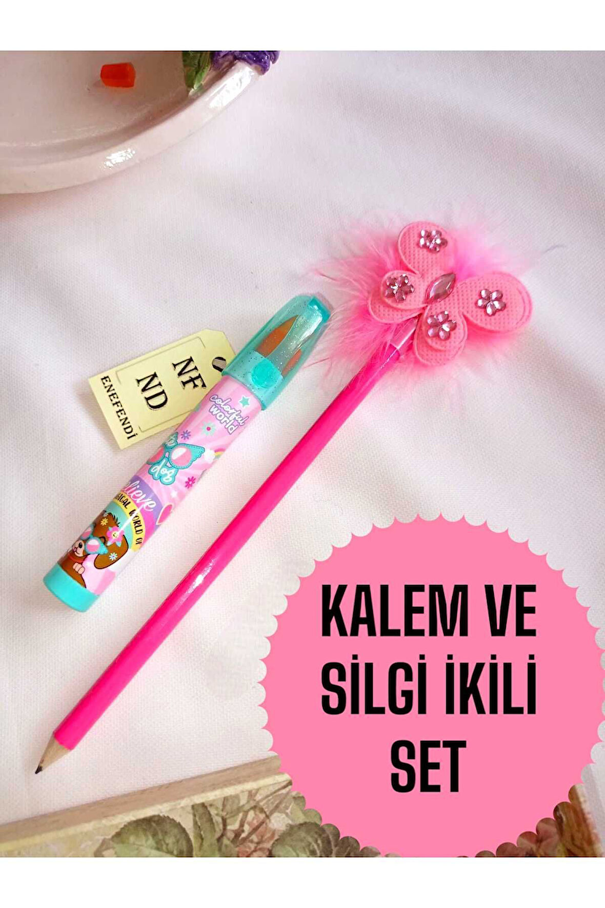2Lİ SET PEMBE KALEM VE ROKET YUMURTLAYAN SİLGİ AKSESUARLI KALEM HEDİYE SÜSLÜ KURŞUNKALEM
