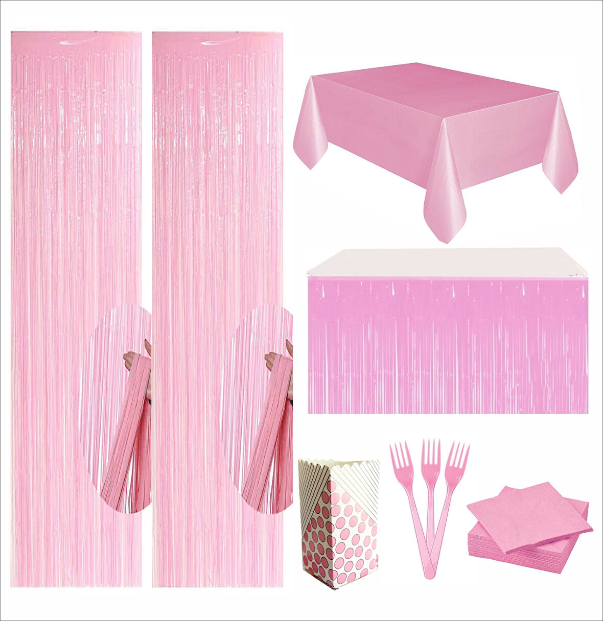 Pembe Masa Örtüsü, Pembe Masa Eteği, 2 adet Pembe Arka Fon, 10 adet Peçete, 10 adet Çatal, 8 Adet Mısır Kutusu