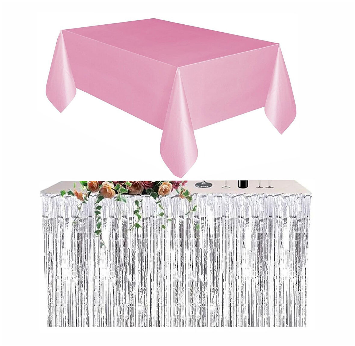 PEMBE MASA ÖRTÜSÜ, GÜMÜŞ MASA ETEĞİ