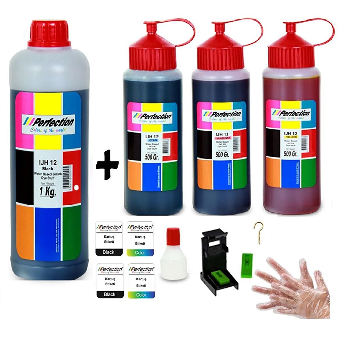 PERFECTİON Canon E404/E414/E464/E484 Yazıcı Uyumlu Kartuş Dolum Mürekkep Seti 1000 gr. SİYAH + 3 X 500 gr. RENKLİ 