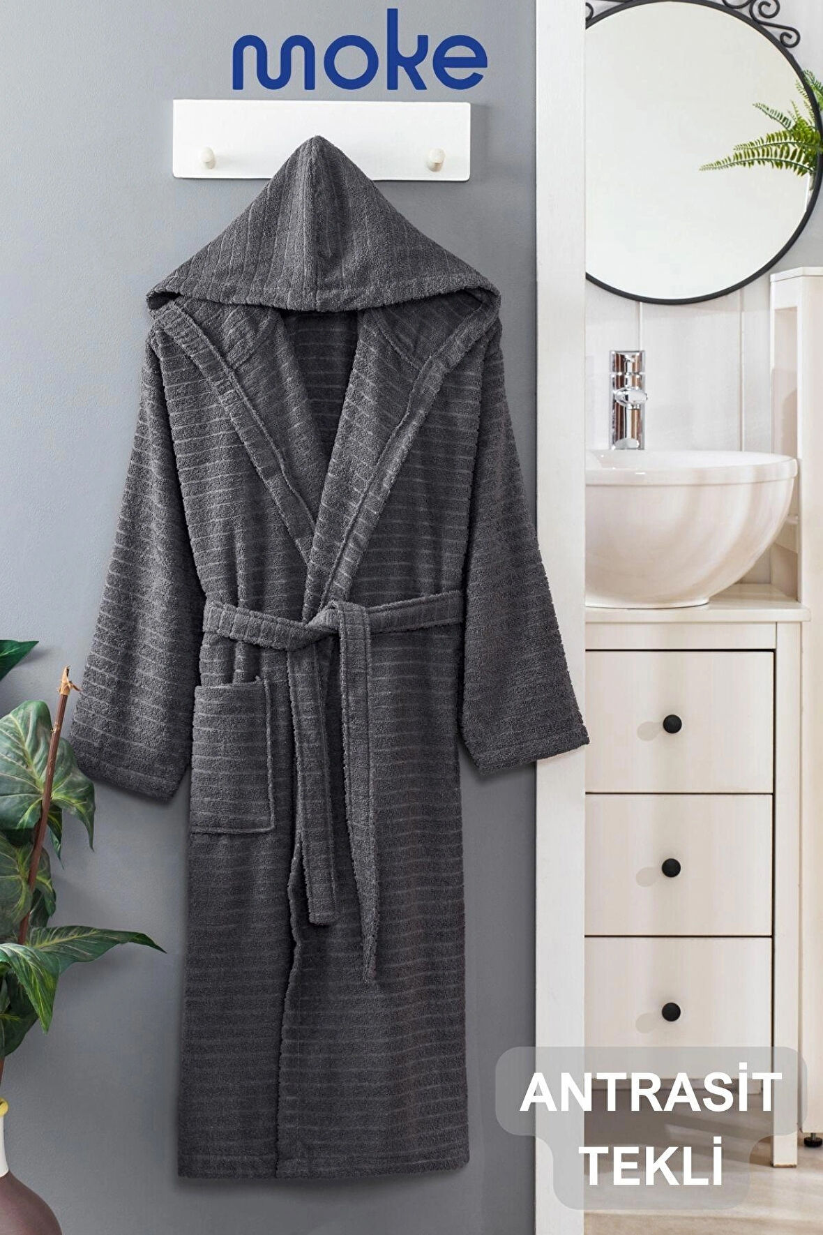 PERA Antrasit Pamuklu Kapşonlu Bornoz