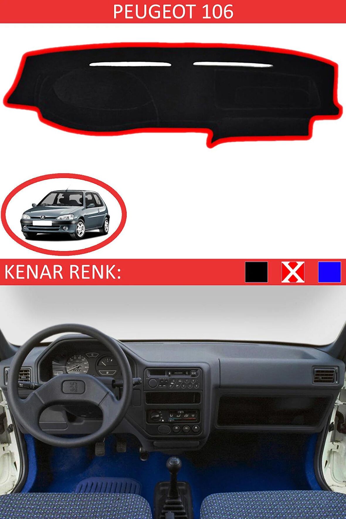 Peugeot 301 2012-2020 İçin Uygun Torpido Koruma Halısı Siyah Kenar Renk Kırmızı