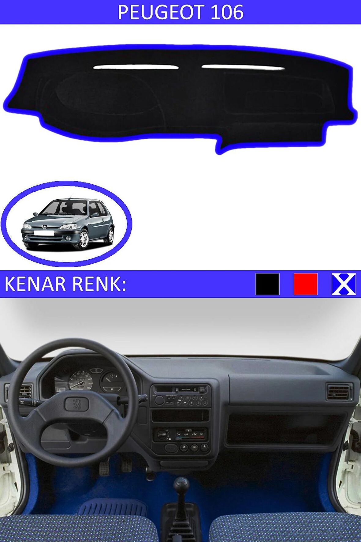 Peugeot 301 2012-2020 İçin Uygun Torpido Koruma Halısı Siyah Kenar Renk Mavi