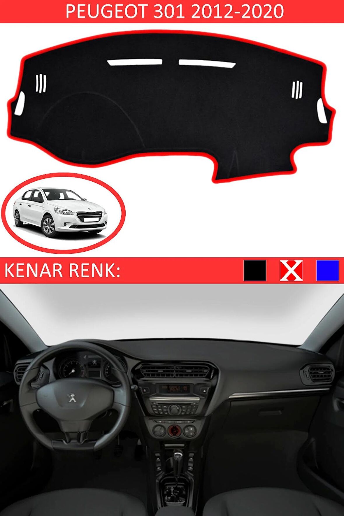 Peugeot Partner 2002-2008 İçin Uygun Torpido Koruma Halısı Siyah Kenar Renk Kırmızı