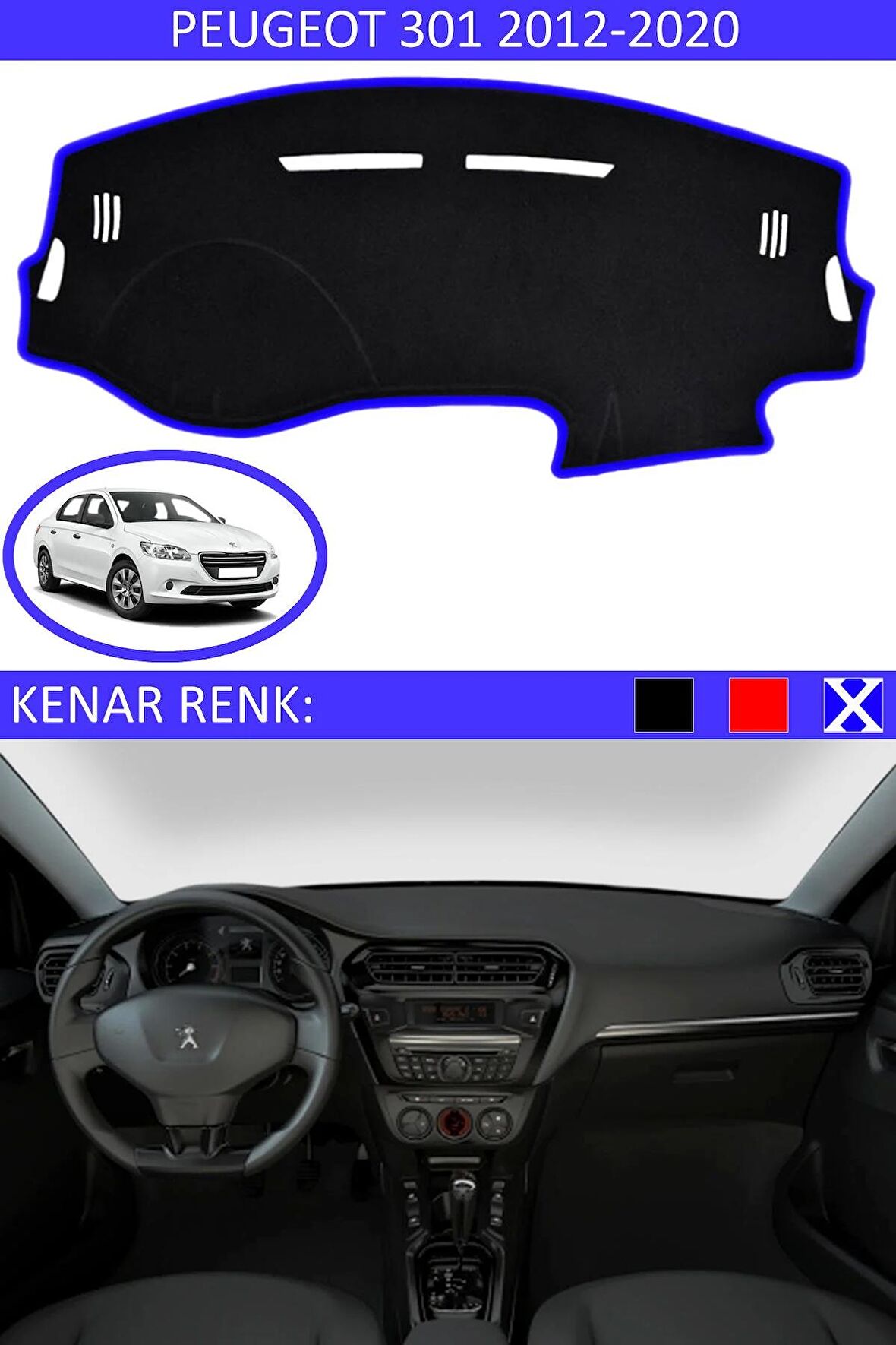 Peugeot Partner 2002-2008 İçin Uygun Torpido Koruma Halısı Siyah Kenar Renk Mavi