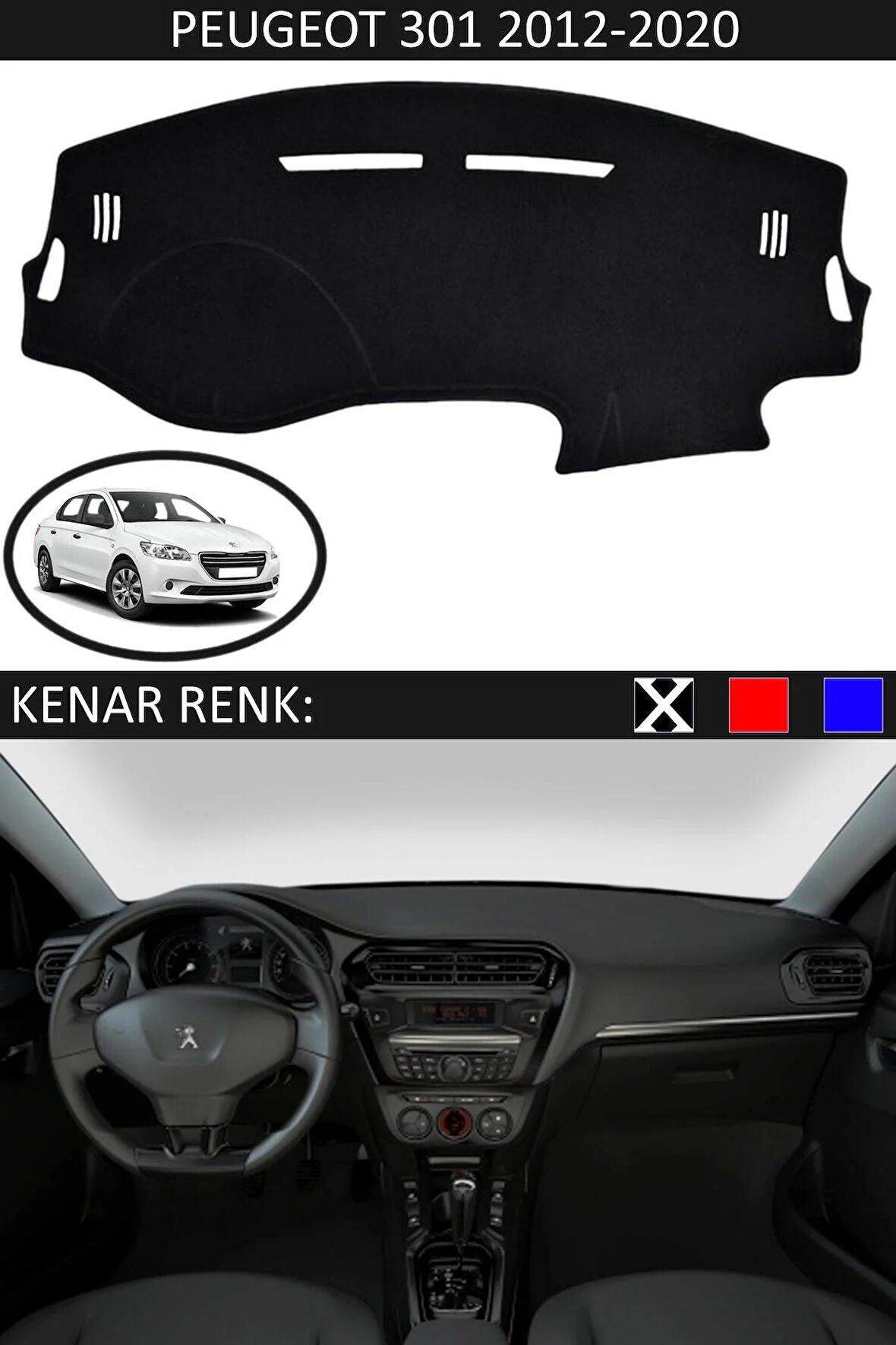 Peugeot Partner 2002-2008 İçin Uygun Torpido Koruma Halısı Siyah Kenar Renk Siyah