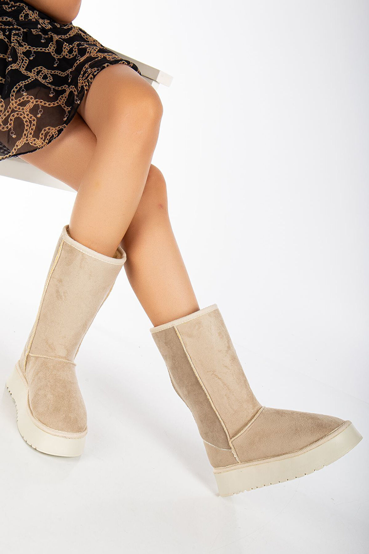 Puffy İçi Tüylü Kalın Topuk Bot Bej