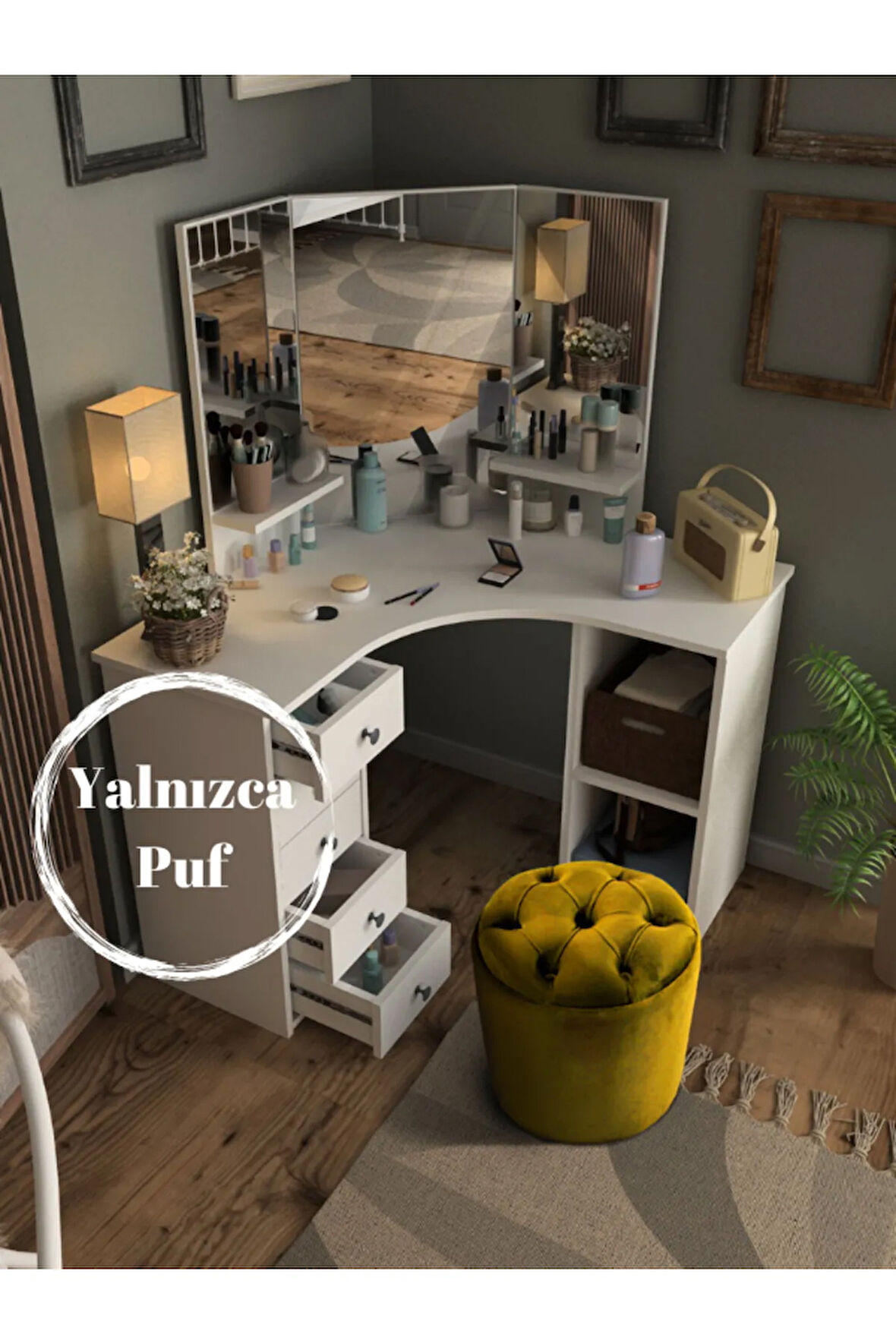 Puffy Puf Hardal Chester Model Yuvarlak Puf- Makyaj Masası Pufu
