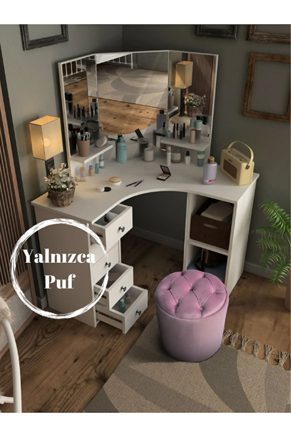 Puffy Puf Pembe Chester Model Yuvarlak Puf- Makyaj Masası Pufu