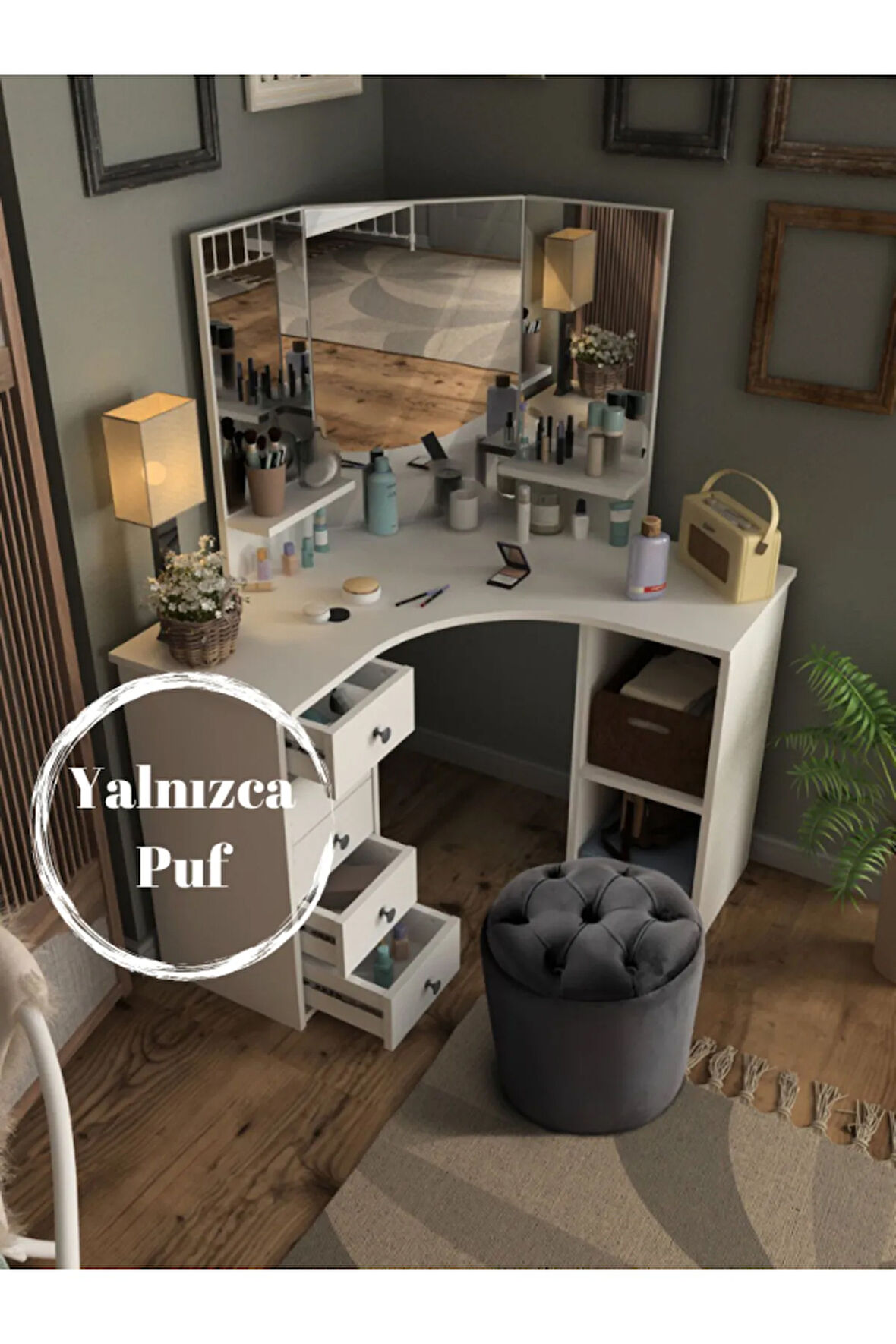 Puffy Puf Antrasit Chester Model Yuvarlak Puf- Makyaj Masası Pufu