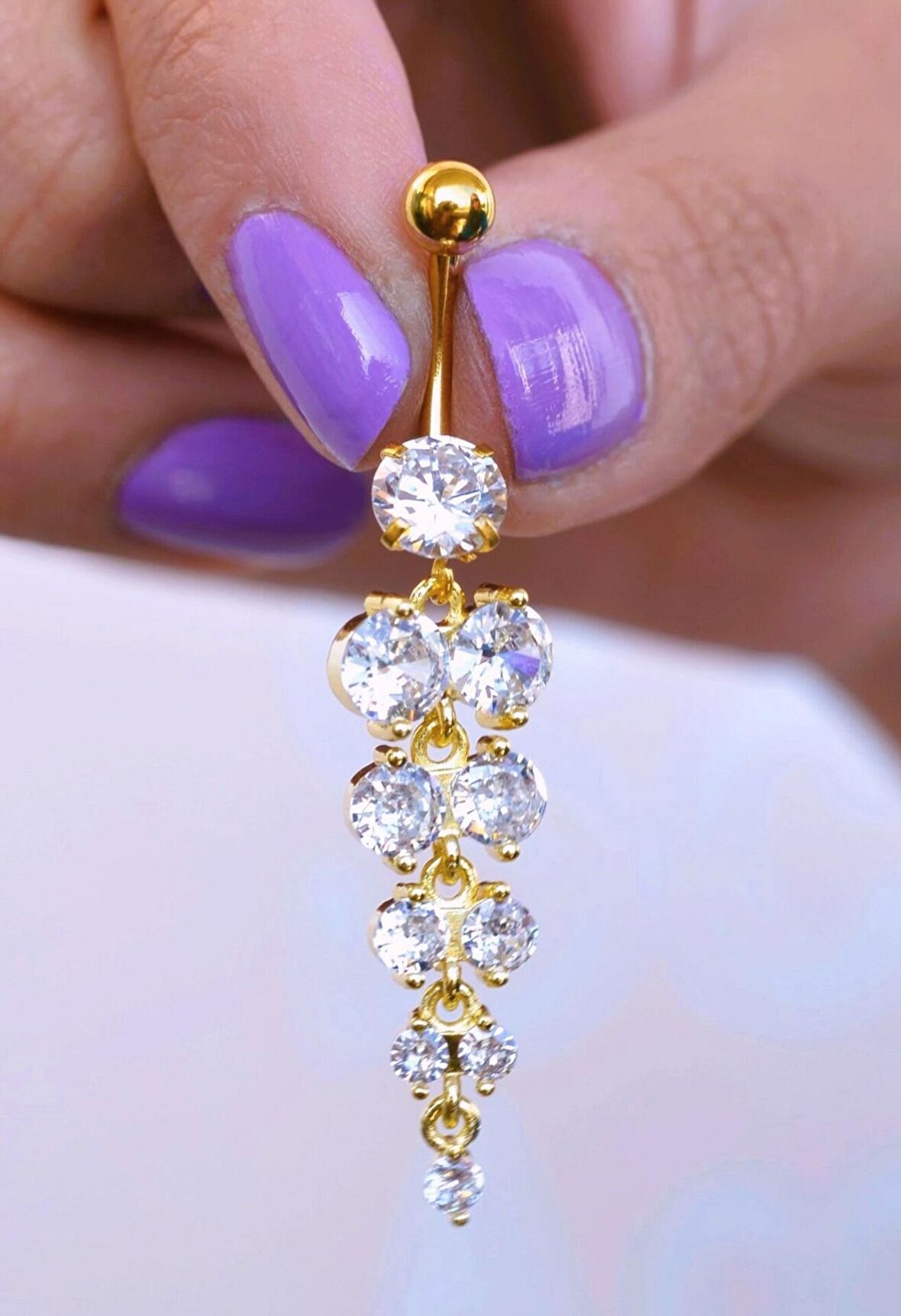 Taşlı Sallantılı Göbek Piercingi Gold