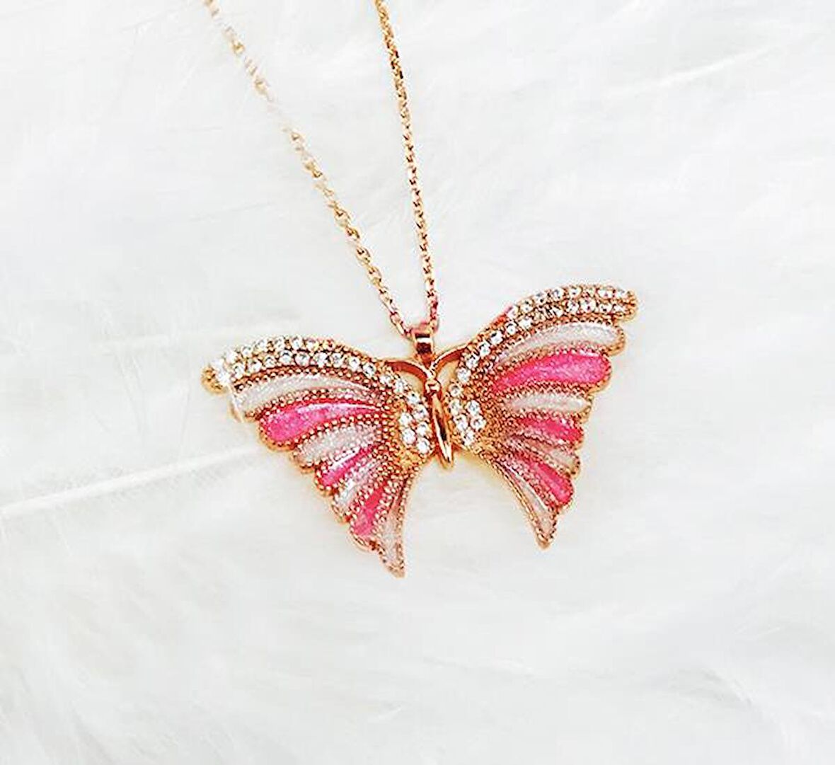 925 Ayar Gümüş Pembe Kelebek Kolye