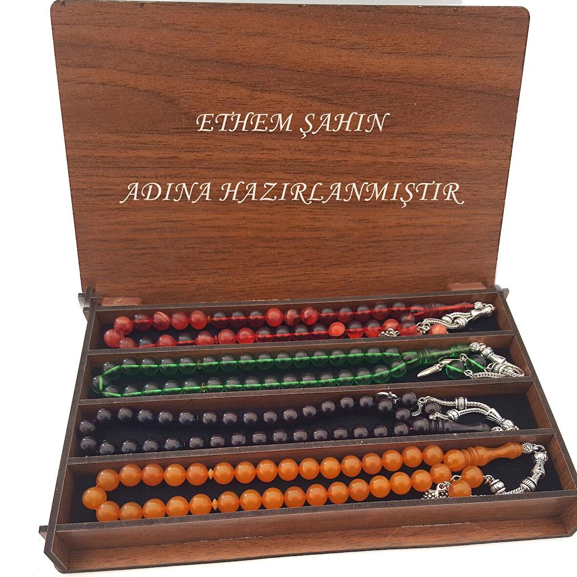 İsmli Kutusunda 4 Adet Sıkma Kehribar Efsane Renkler Tesbih Set