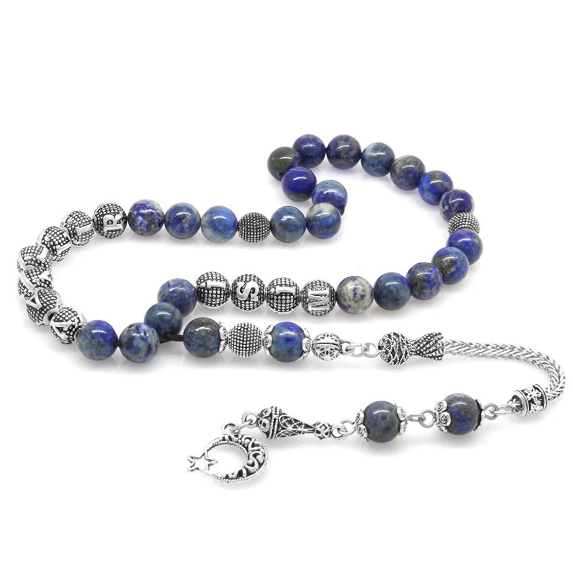 Kararmaz Metal Püsküllü İsim Yazılı Lapis Lazuli Doğaltaş Tesbih