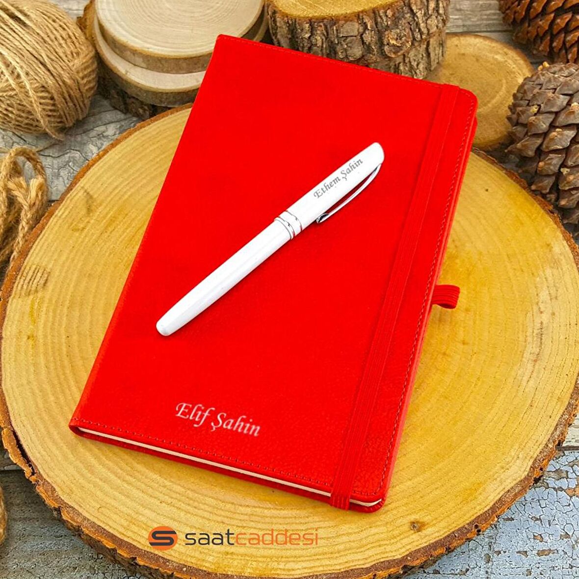 İsme Özel Termo Deri Kırmızı Defter Roller Kalem Set