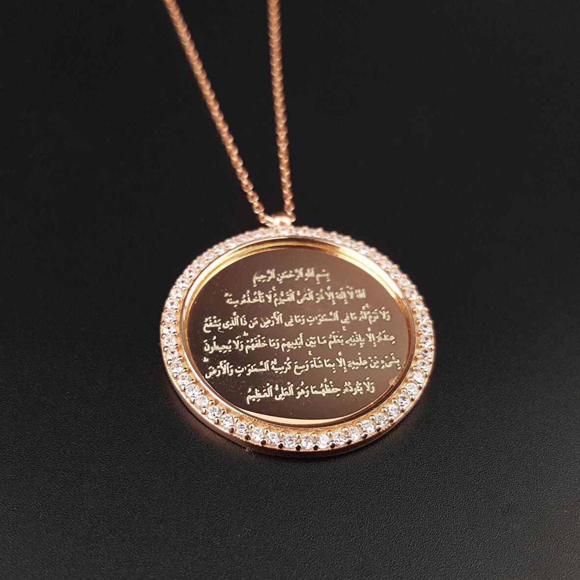 925 Ayar Gümüş Zirkon Taşlı Ayet-el Kürsi Ayetli Rose Kolye