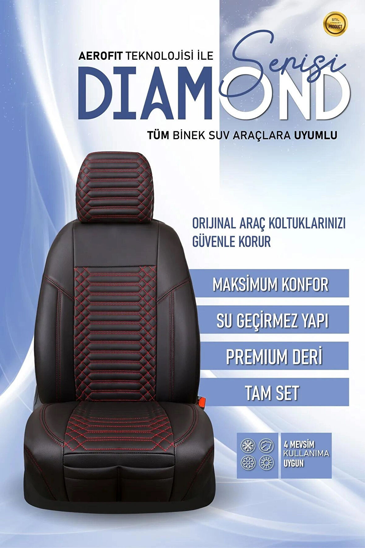 Tata Telcoline Lüx Deri OTO KOLTUK KILIFI Ön Arka Takım Set EXCLUSİVE SİYAH KIRMIZI