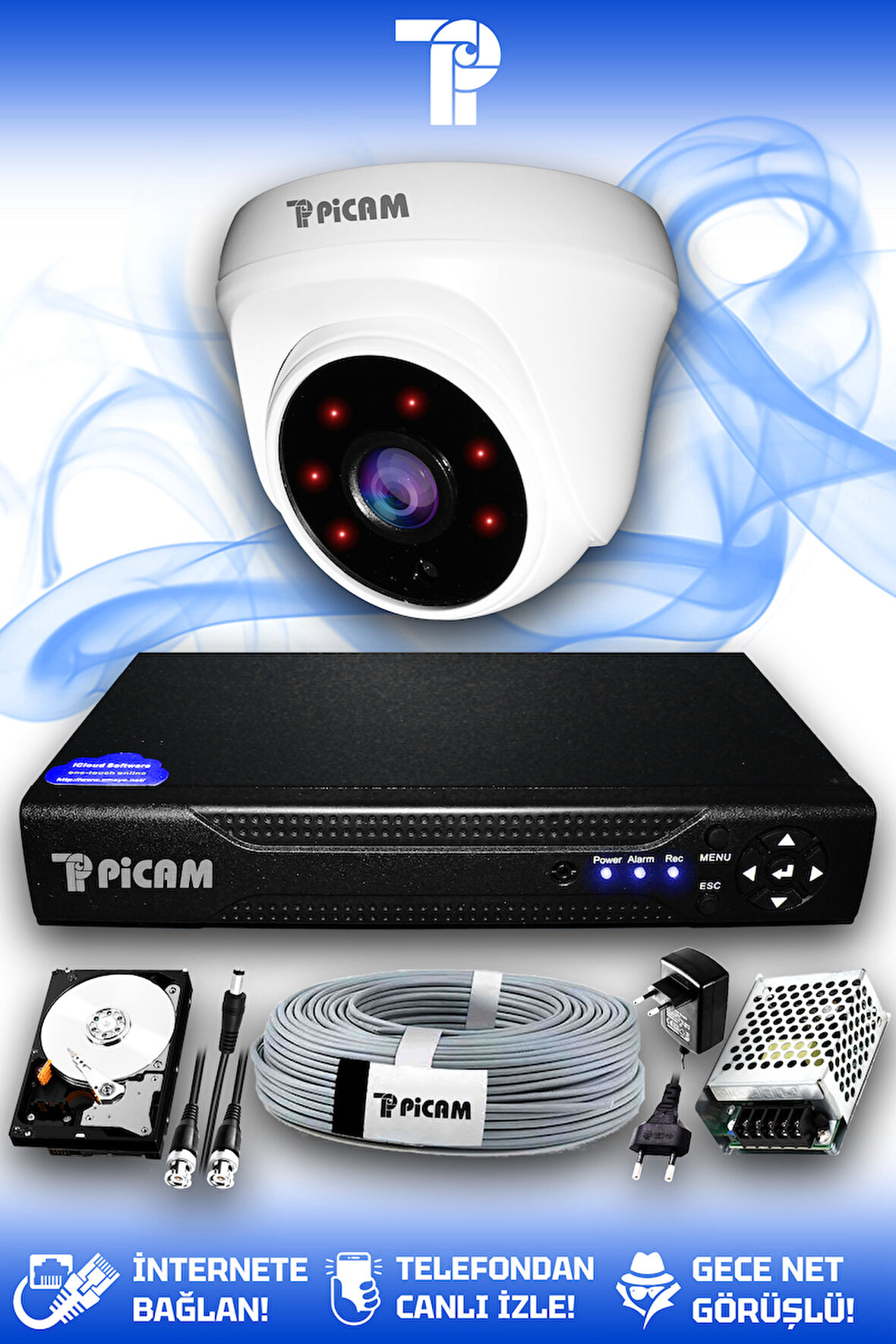 PICAM 1 Kameralı Dome 1 İç Kamera Set 1 TB HDD Full HD Gece Görüşlü Güvenlik Kamerası Sistemi