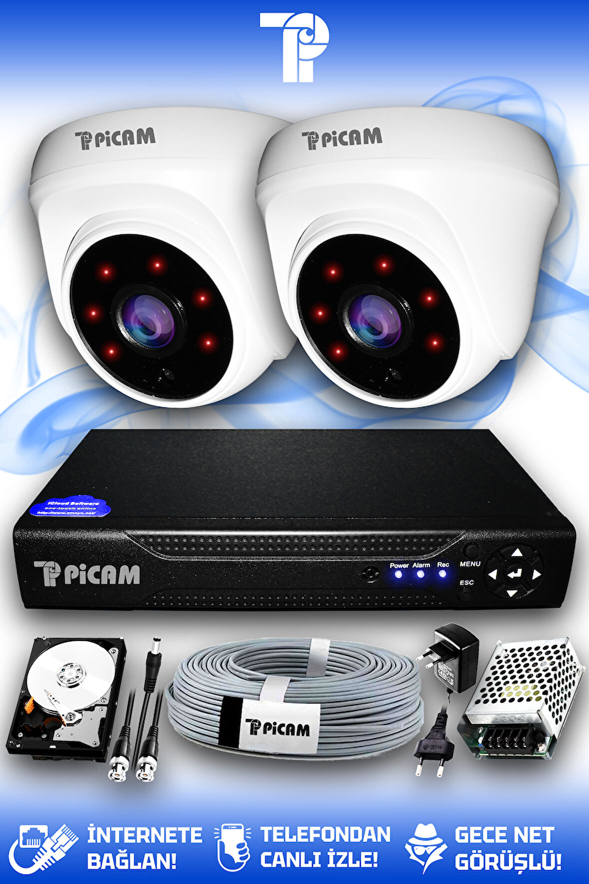 PICAM 2 Kameralı Dome 2 İç Kamera Set 320 GB HDD Full HD Gece Görüşlü Güvenlik Kamerası Sistemi