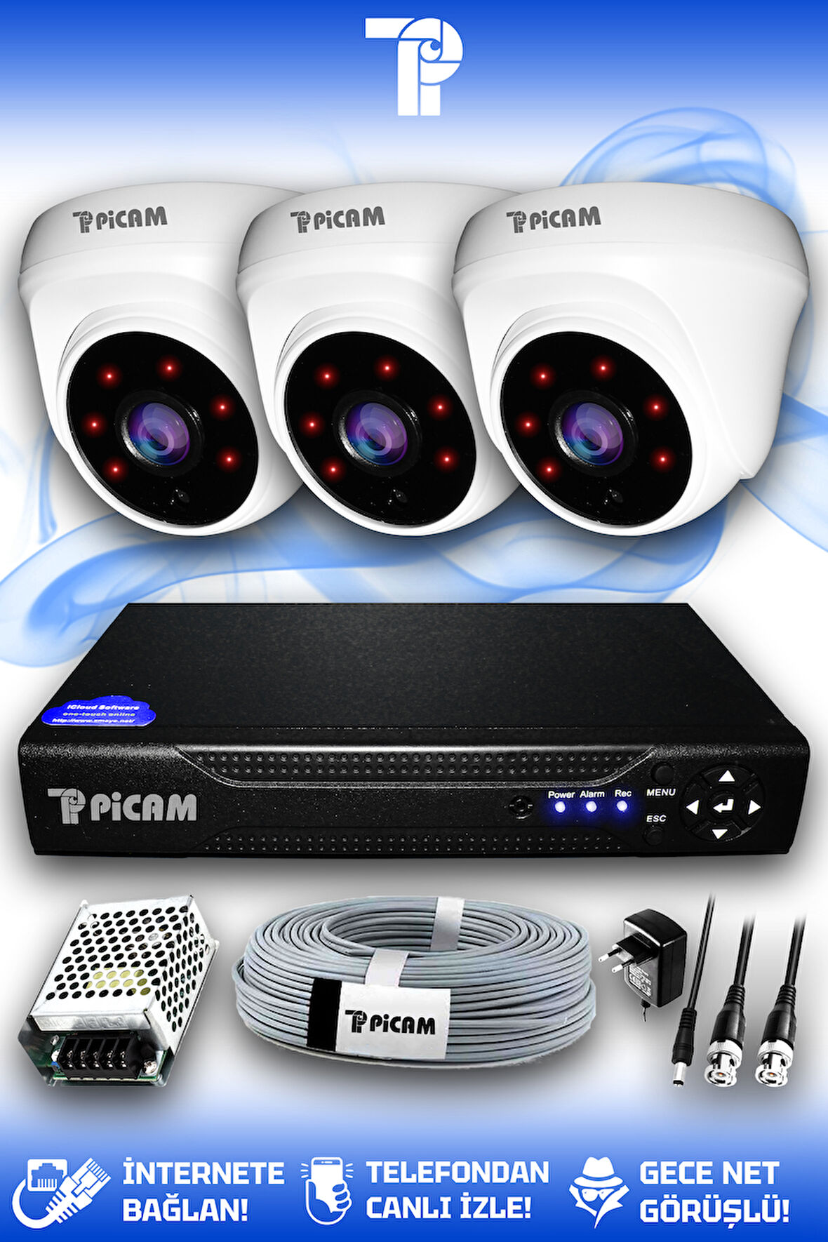 PICAM 3 Kameralı Dome 3 İç Kamera Set HDD'siz Full HD Gece Görüşlü Güvenlik Kamerası Sistemi
