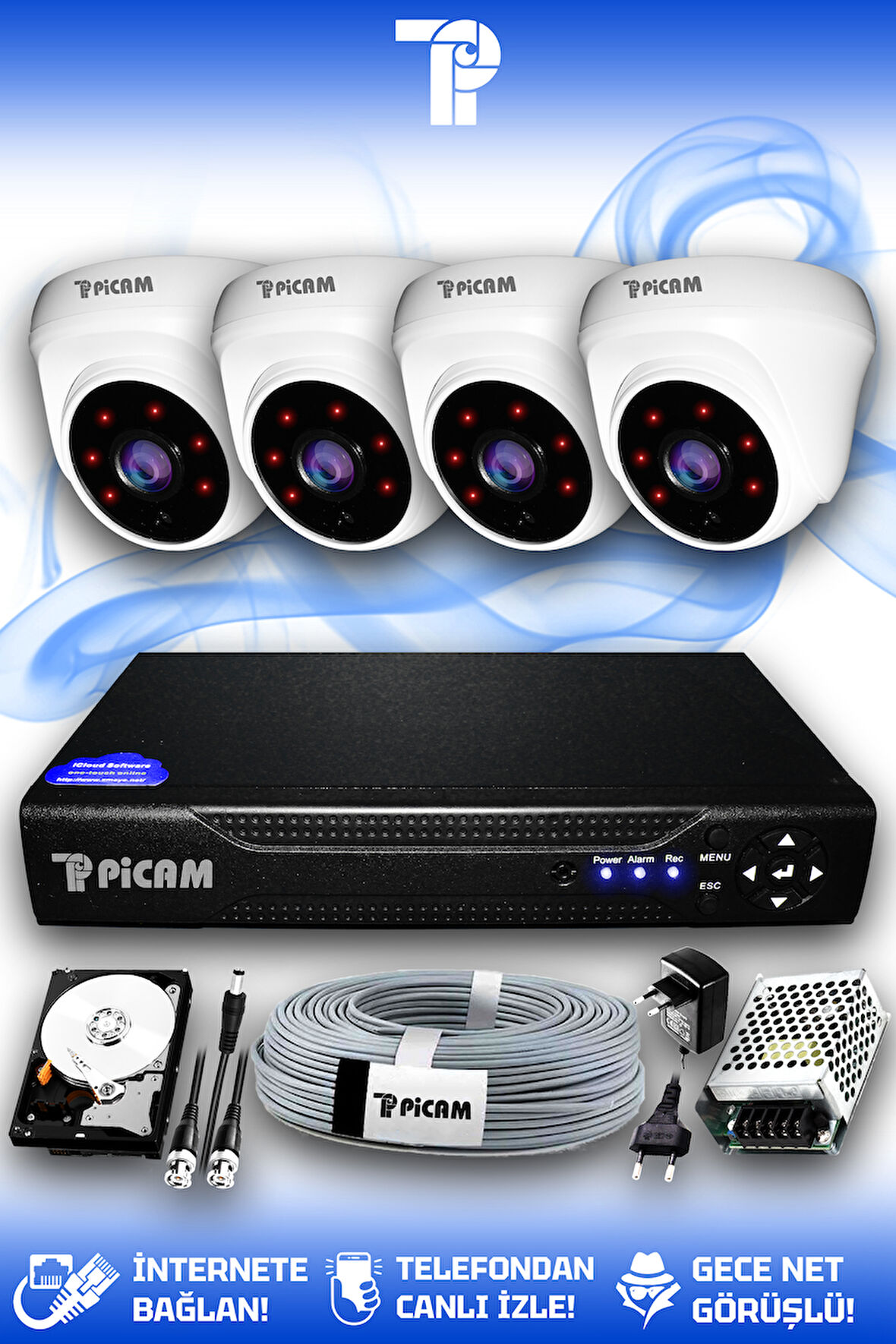 PICAM 4 Kameralı Dome 4 İç Kamera Set 1 TB HDD Full HD Gece Görüşlü Güvenlik Kamerası Sistemi