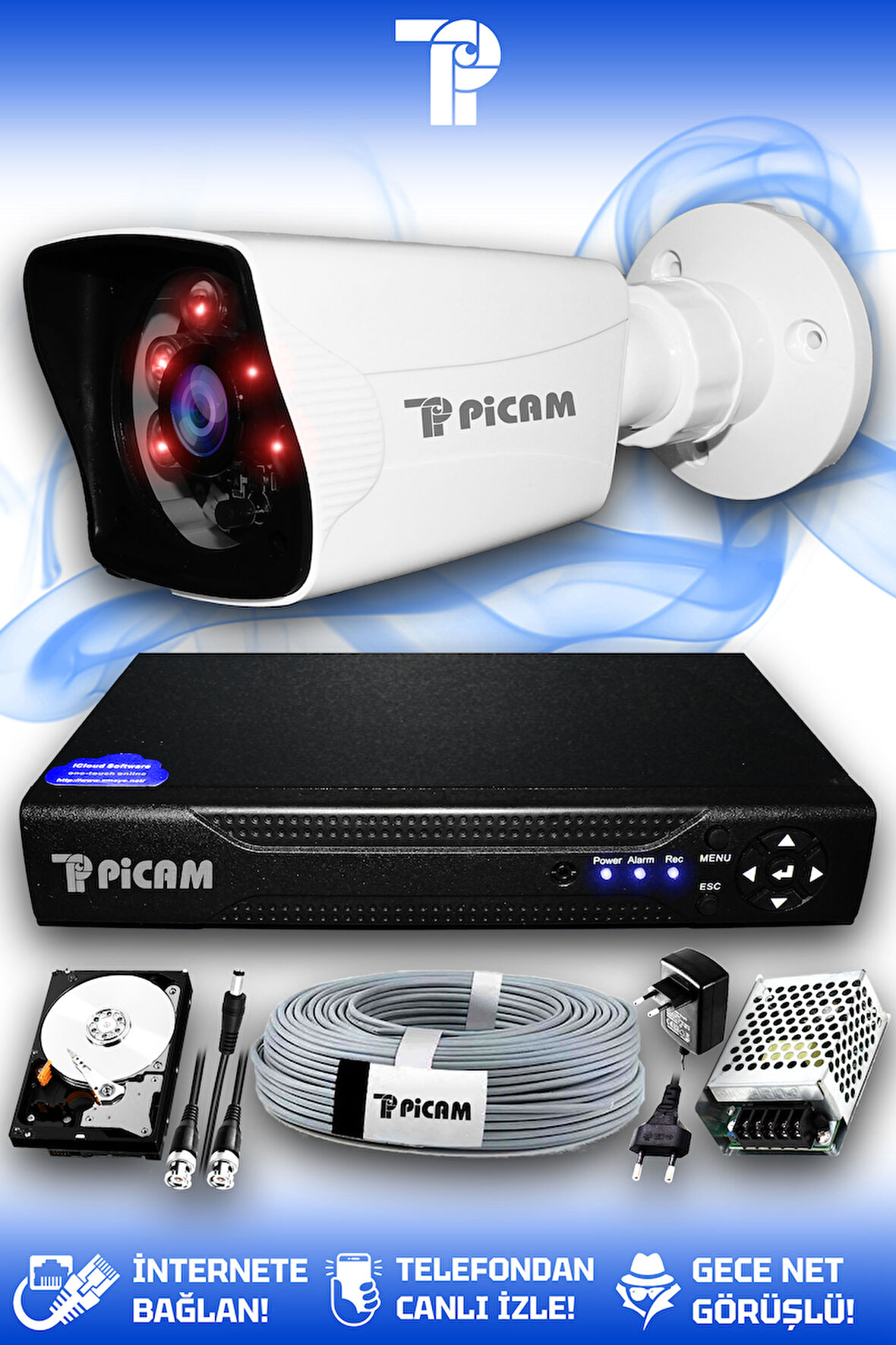 PICAM 1 Kameralı Kare 1 Dış Kamera Set 1 TB HDD Full HD Gece Görüşlü Güvenlik Kamerası Sistemi