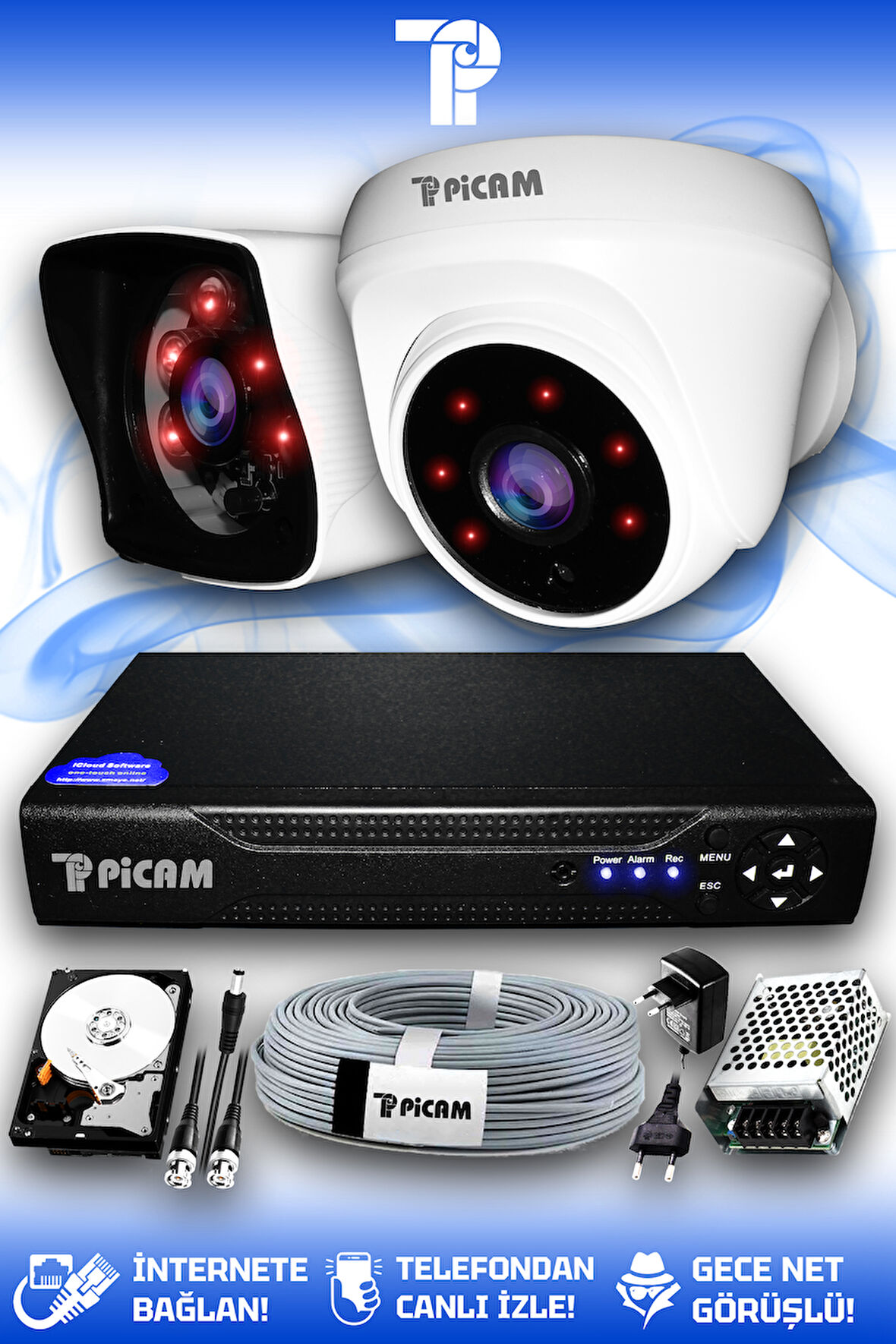 PICAM 2 Kameralı Kare 1 İç Kamera Set 100 GB HDD Full HD Gece Görüşlü Güvenlik Kamerası Sistemi