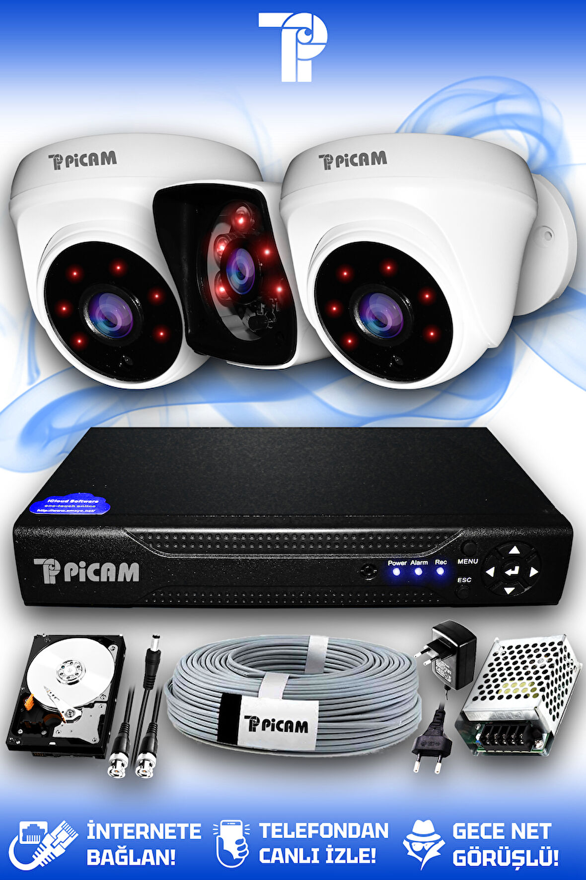 PICAM 3 Kameralı Kare 2 İç Kamera Set 100 GB HDD Full HD Gece Görüşlü Güvenlik Kamerası Sistemi