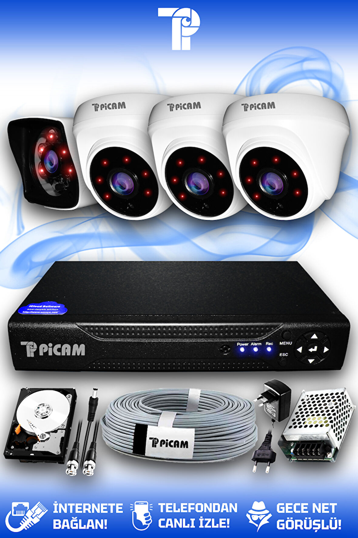 PICAM 4 Kameralı Kare 3 İç Kamera Set 500 GB HDD Full HD Gece Görüşlü Güvenlik Kamerası Sistemi