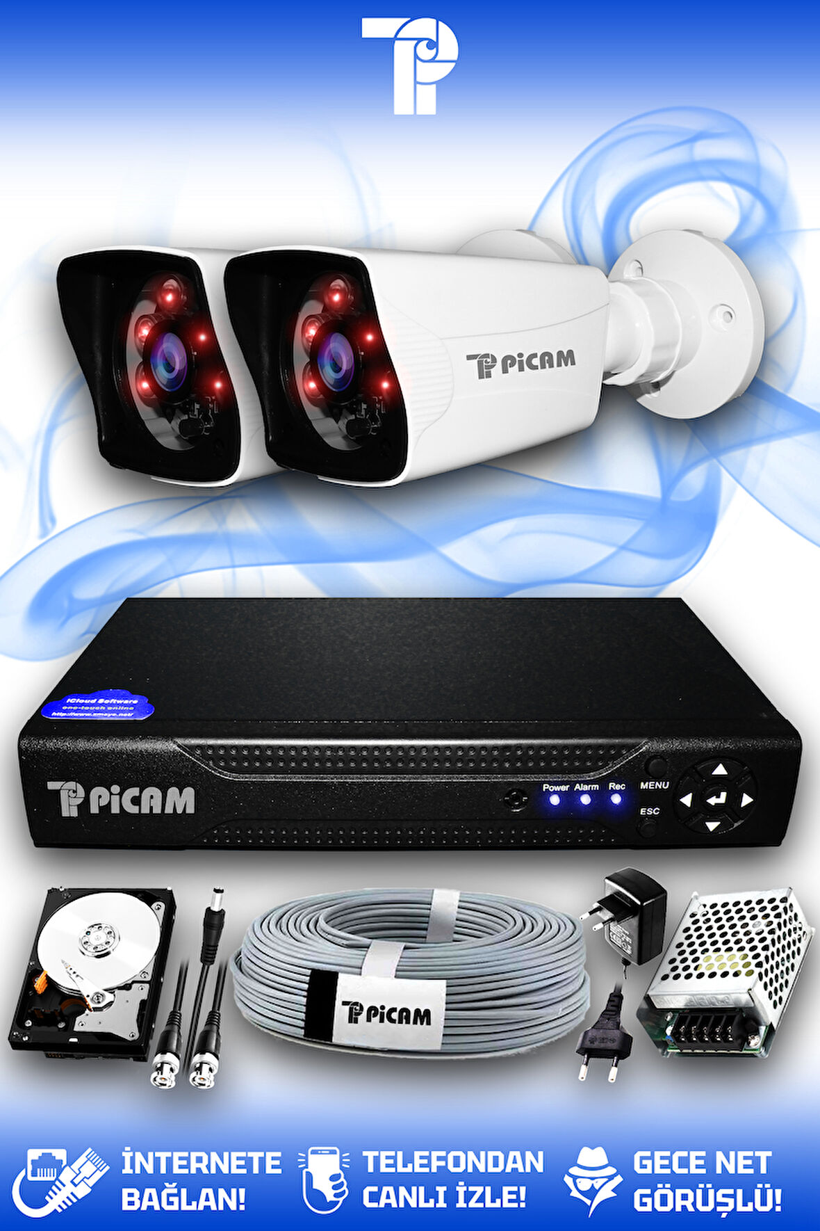 PICAM 2 Kameralı Kare 2 Dış Kamera Set 320 GB HDD Full HD Gece Görüşlü Güvenlik Kamerası Sistemi