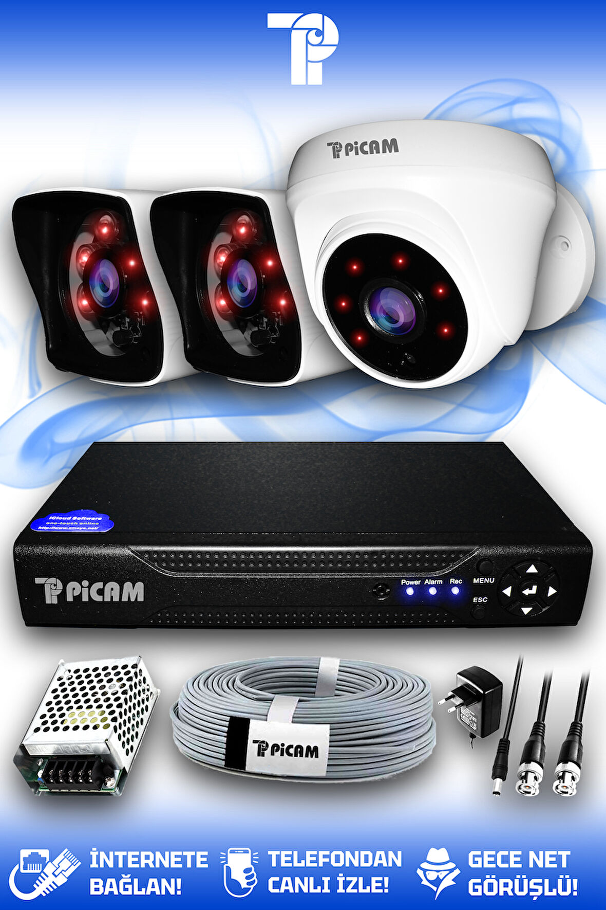 PICAM 3 Kameralı Kare 1 İç Kamera Set HDD'siz Full HD Gece Görüşlü Güvenlik Kamerası Sistemi