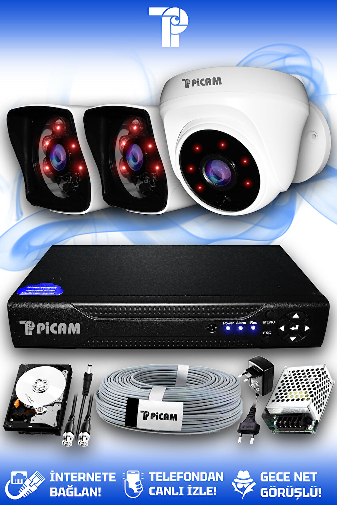 PICAM 3 Kameralı Kare 1 İç Kamera Set 100 GB HDD Full HD Gece Görüşlü Güvenlik Kamerası Sistemi