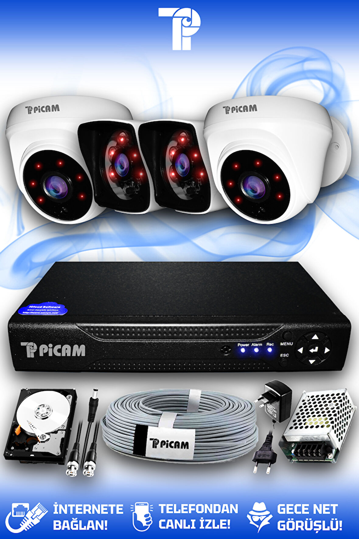 PICAM 4 Kameralı Kare 2 İç Kamera Set 500 GB HDD Full HD Gece Görüşlü Güvenlik Kamerası Sistemi
