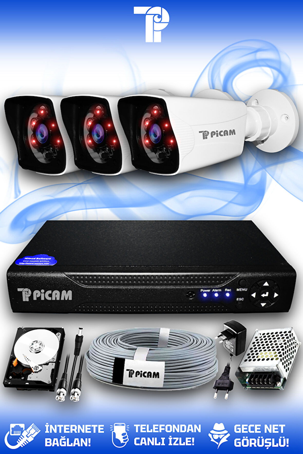 PICAM 3 Kameralı Kare 3 Dış Kamera Set 1 TB HDD Full HD Gece Görüşlü Güvenlik Kamerası Sistemi
