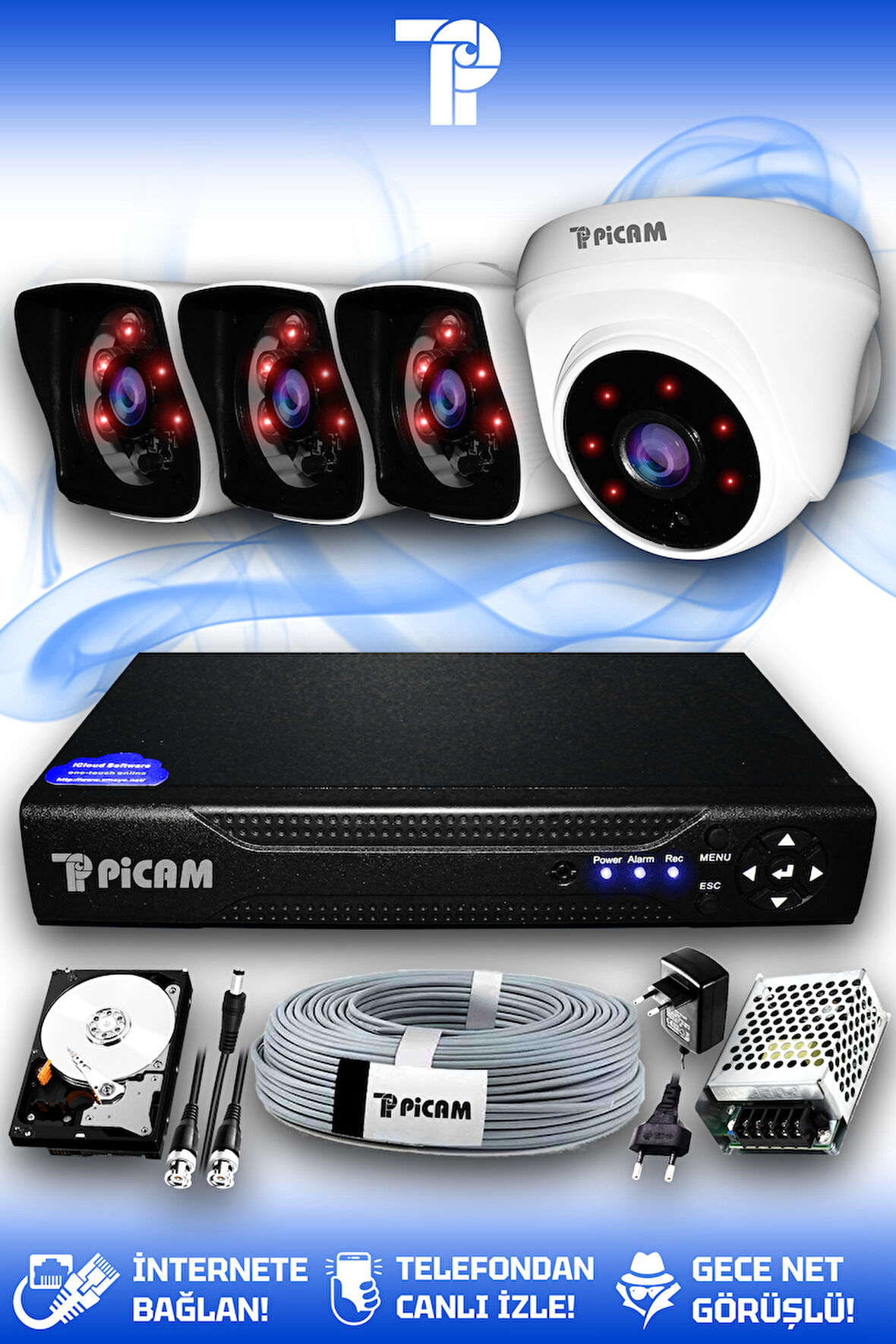 PICAM 4 Kameralı Kare 1 İç Kamera Set 320 GB HDD Full HD Gece Görüşlü Güvenlik Kamerası Sistemi