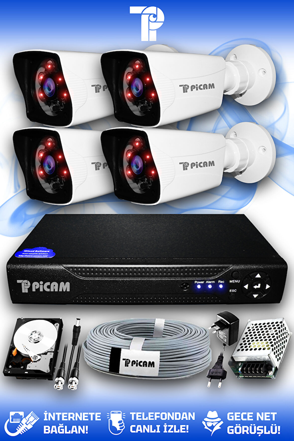 PICAM 4 Kameralı Kare 4 Dış Kamera Set 320 GB HDD Full HD Gece Görüşlü Güvenlik Kamerası Sistemi