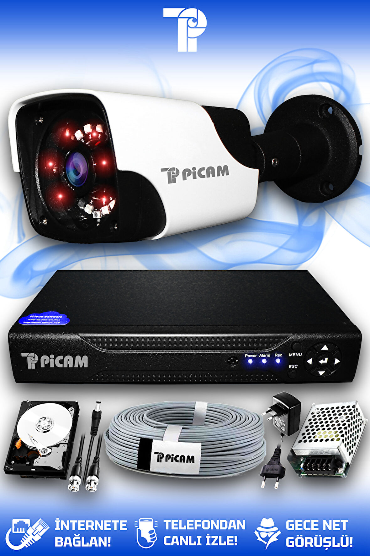 PICAM 1 Kameralı Panda 1 Dış Kamera Set 100 GB HDD Full HD Gece Görüşlü Güvenlik Kamerası Sistemi