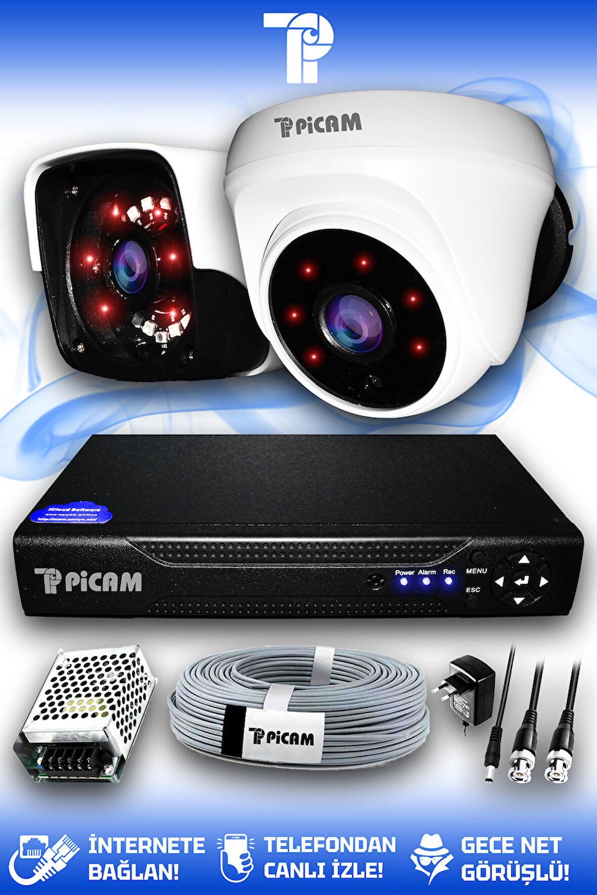 PICAM 2 Kameralı Panda 1 İç Kamera Set HDD'siz Full HD Gece Görüşlü Güvenlik Kamerası Sistemi