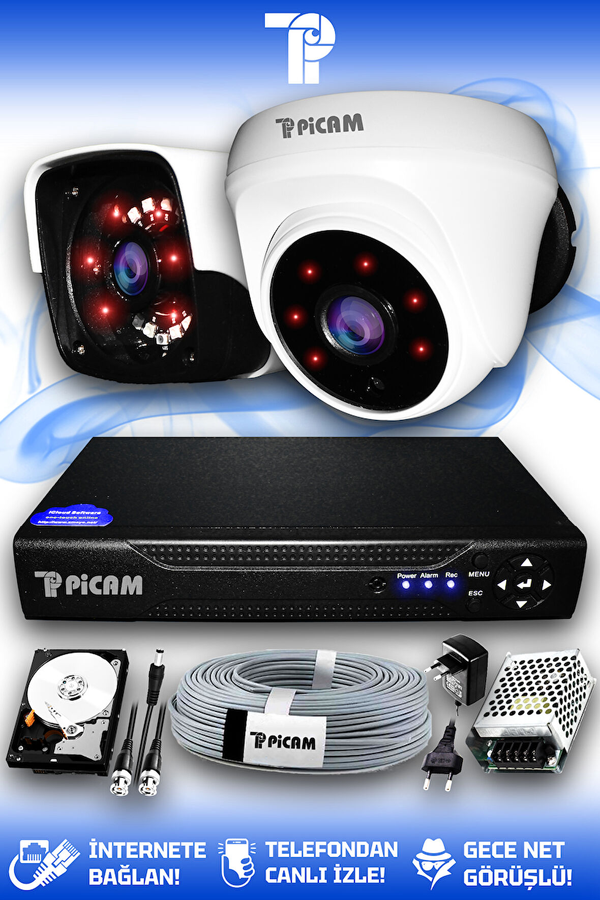 PICAM 2 Kameralı Panda 1 İç Kamera Set 320 GB HDD Full HD Gece Görüşlü Güvenlik Kamerası Sistemi