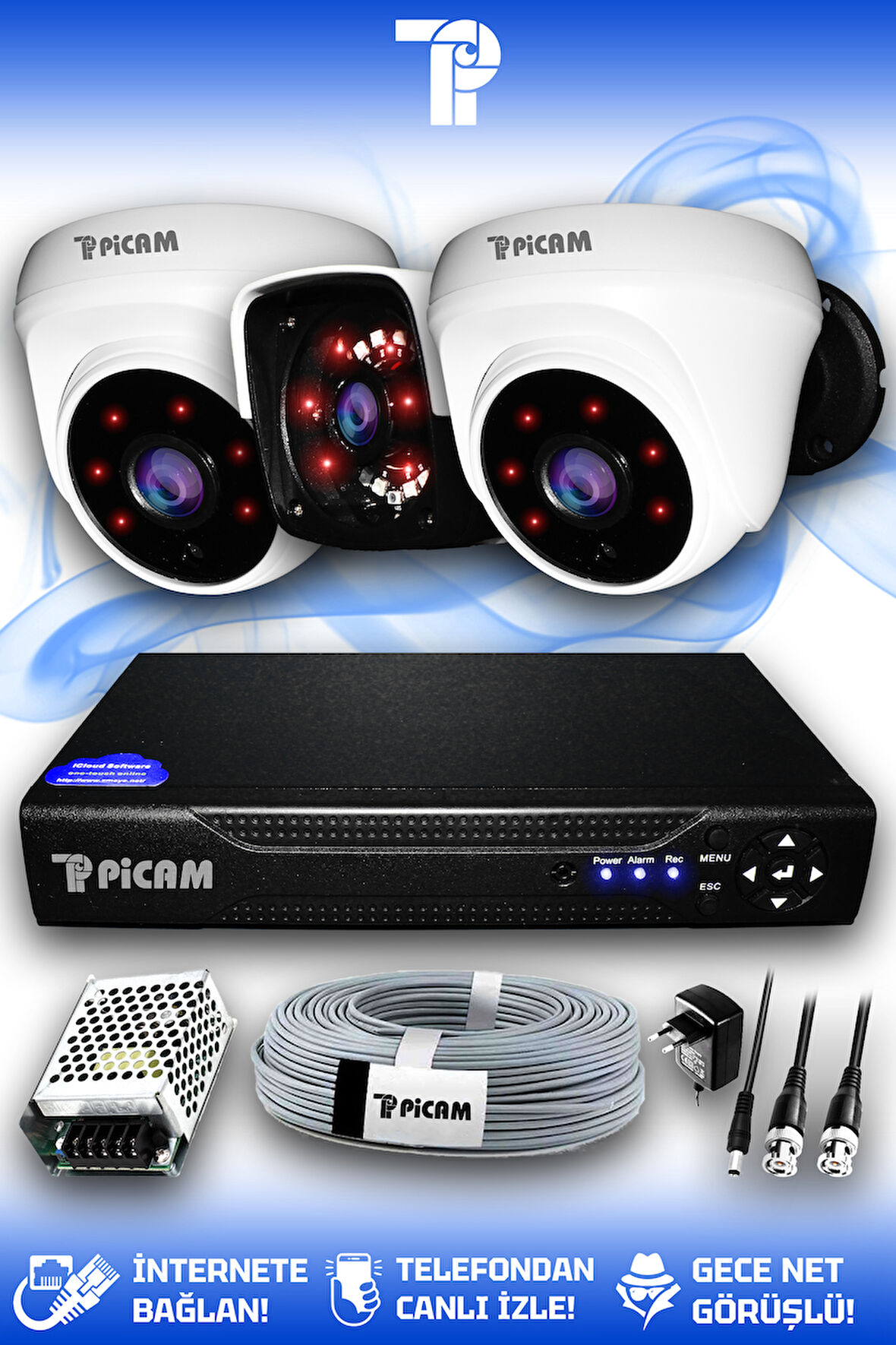 PICAM 3 Kameralı Panda 2 İç Kamera Set HDD'siz Full HD Gece Görüşlü Güvenlik Kamerası Sistemi