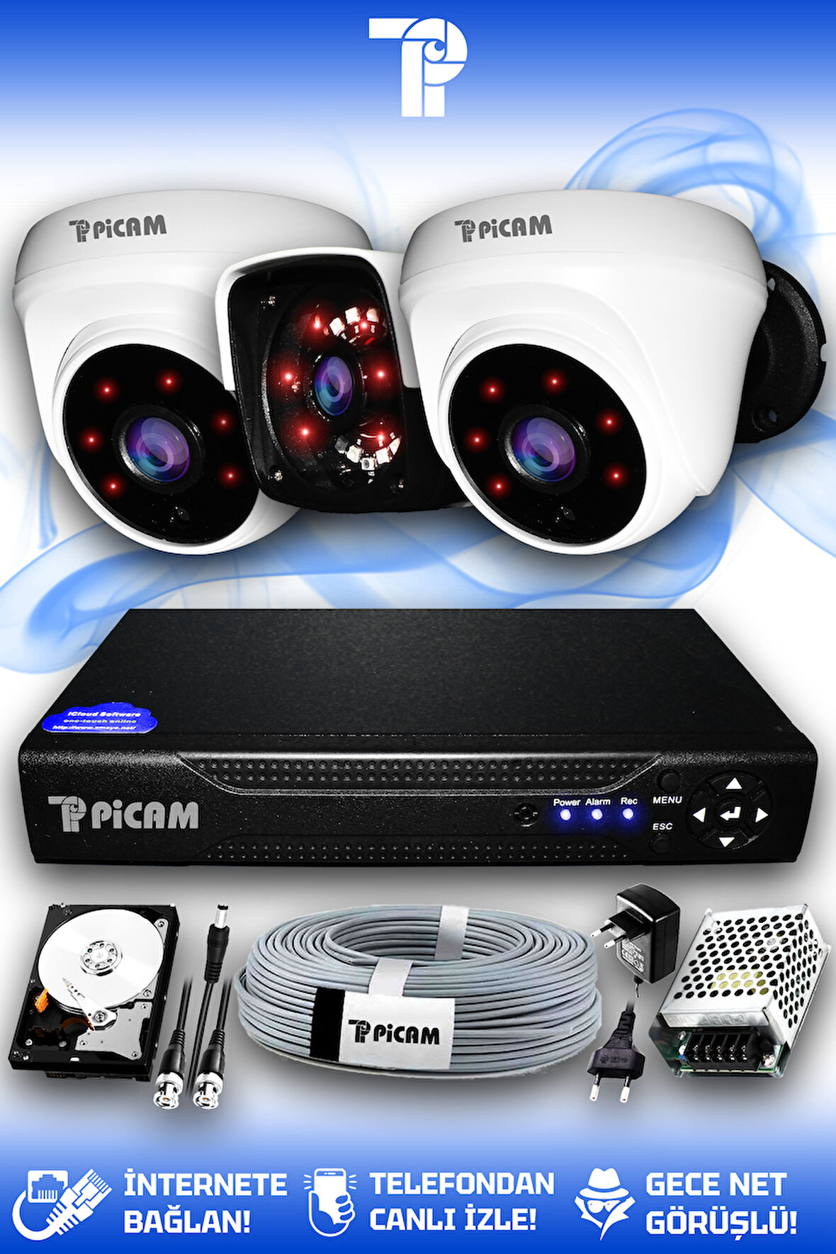 PICAM 3 Kameralı Panda 2 İç Kamera Set 100 GB HDD Full HD Gece Görüşlü Güvenlik Kamerası Sistemi