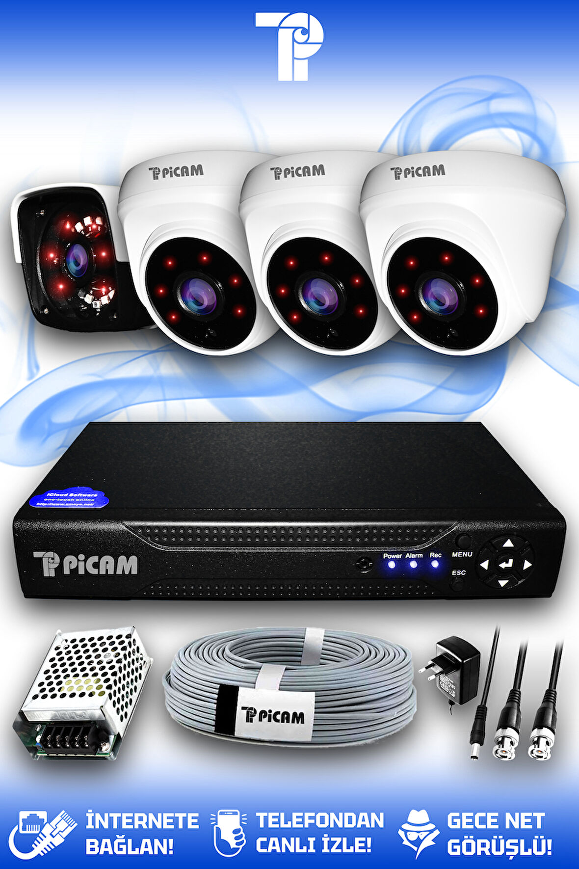 PICAM 4 Kameralı Panda 3 İç Kamera Set HDD'siz Full HD Gece Görüşlü Güvenlik Kamerası Sistemi