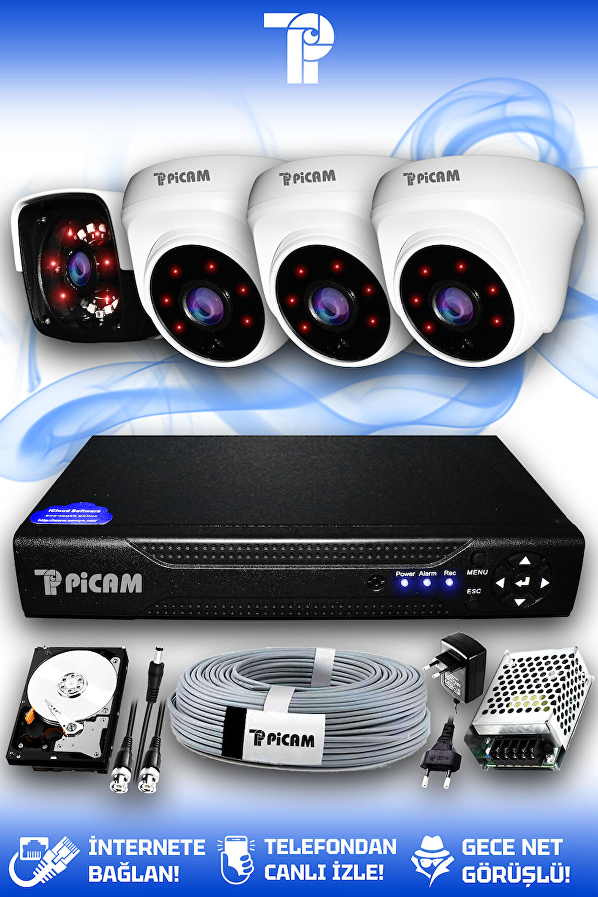 PICAM 4 Kameralı Panda 3 İç Kamera Set 1 TB HDD Full HD Gece Görüşlü Güvenlik Kamerası Sistemi